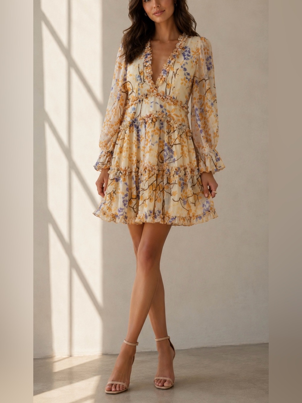One and Only Collective Floral Ruffle Tiered Mini Dress in Cream and Mustard